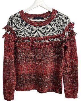 Sanctuary Chunky Knit Fringe Sweater Red Black Fair Isle Boho Size Small